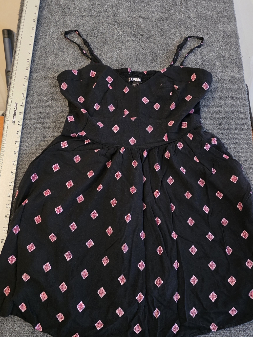 Express Womens Black Sundress with Pink Diamond Print and POCKETS